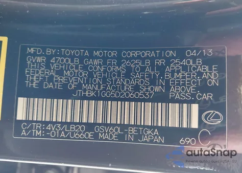 2013 Lexus Es 350 from USA, damaged, VIN JTHBK1GG5D2060537